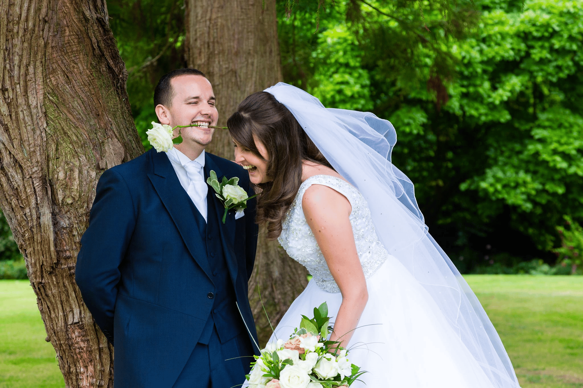 Bride and groom laughing